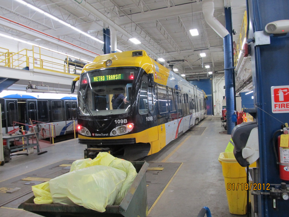 Metro Transit light rail vehicle inside a maintenance facility